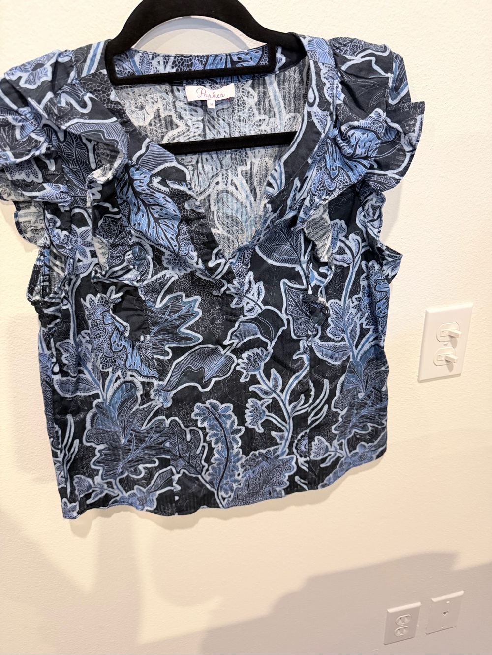 Parker Black and Blue Floral Ruffle-Sleeve V-Neck Top